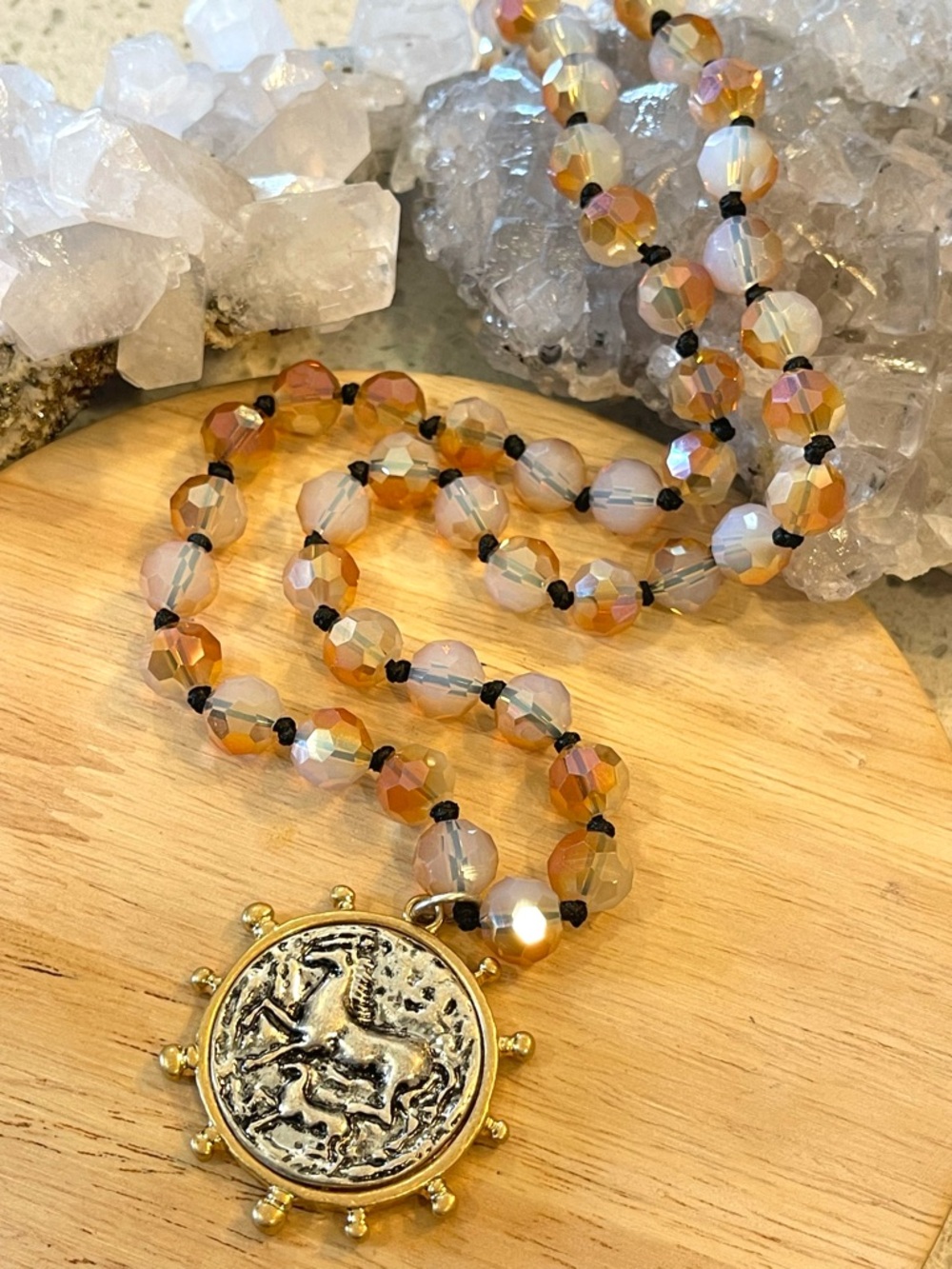 🌑ZARA Horse Coin Pendant Knotted Faceted Glass Beaded Necklace 24”🌑